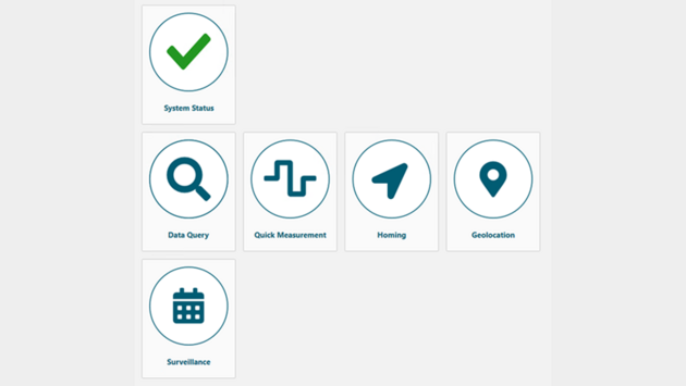 CMS Cockpit – for single click initiation of measurements and workflows Software menu which shows multiple Tiles with their logo and name for different functionalities. The Tiles are System Status, Data Query, Quick Measurement, Homing, Geolocation, Surveillance.