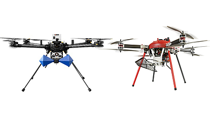 Two monitoring drones equipped with different RF payload configurations including directional, omni, and high-frequency antennas for flexible mission use.