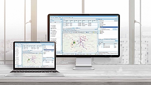 CHIRplus_TC user interface for professional network planning Desktop and laptop screens displaying CHIRplus_TC software interface for planning fixed links, 5G, IoT, and smart grid networks.