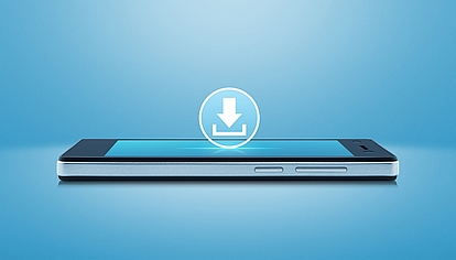 Smartphone with download icon representing brochures, training calendars and information materials.