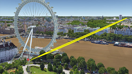 Picture: Google Earth picture where you can see a link and its Fresnel zone between two sites next to the London Eye